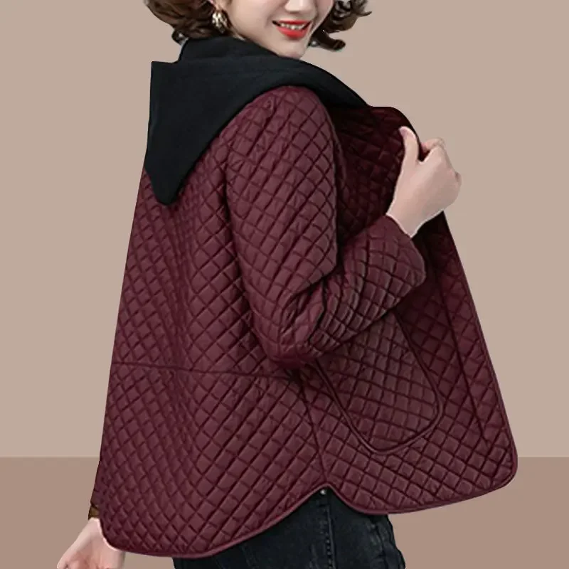 Autumn Winter Rhombus Jacket Women Lightweight Cotton Coat Fashion Middle Age Hooded Loose Spliced Pockets Female Casual Tops