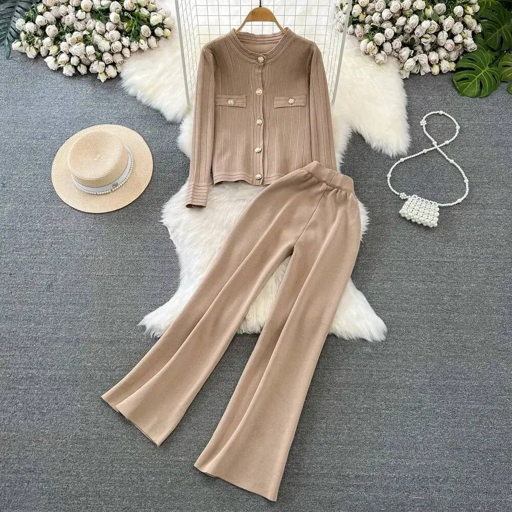 Korea Chic Minority O Neck Knit Cardigan Straight High Waist Slim Wid Leg Pants Solid Casual Personalized Suit Pant