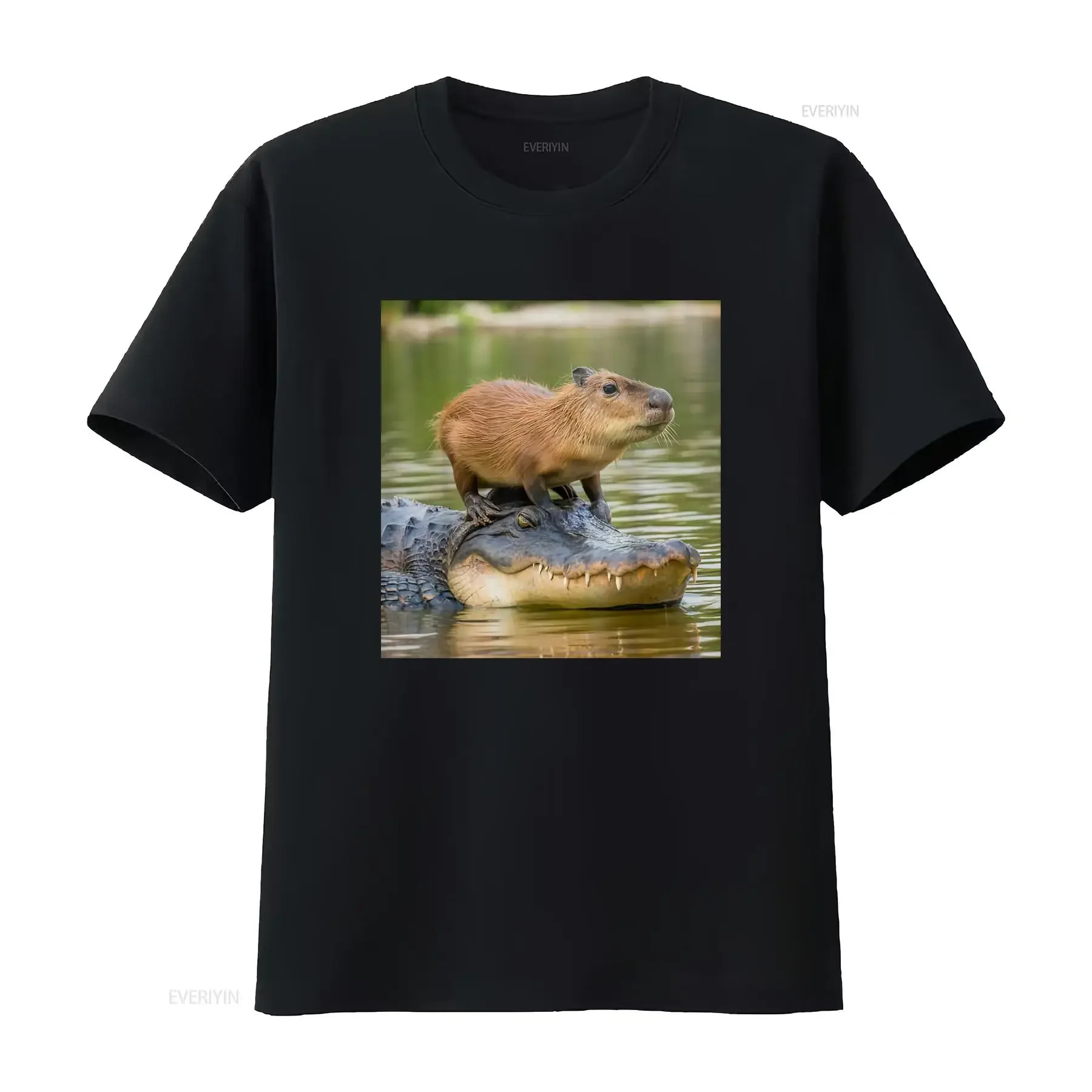 Funny Capybara Meme On Alligator Print T Shirt Black Cotton Sizes S 5XL vintage Washed designer clothes graphic Unisex