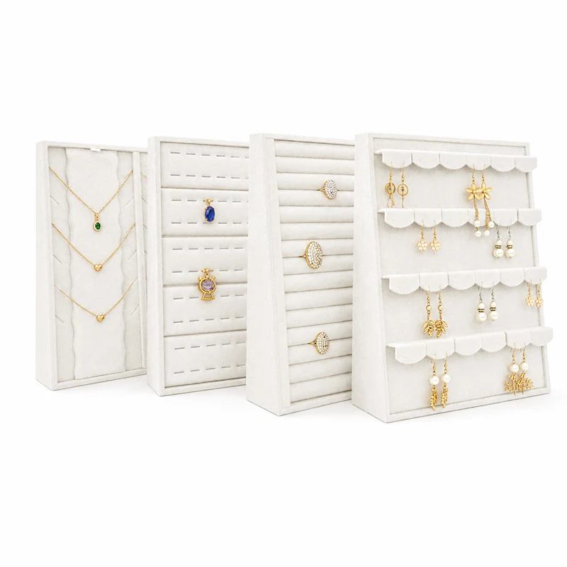 Soft Beige Velvet Jewelry Display Rack Multi-Slot Necklace Ring Earring Storage Tray Desktop Decoration Jewelry Organizer Holder