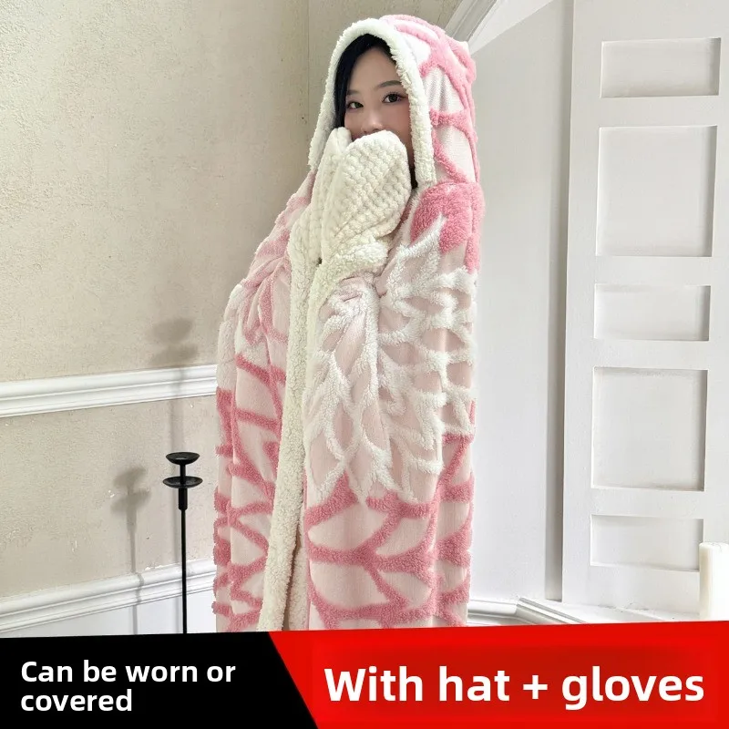 Jacquard Bloom Shawl Blanket Soft Comfortable Multifunctional Cover Blanket Warm Cozy Office Nap Hat Gloves Cape Blanket