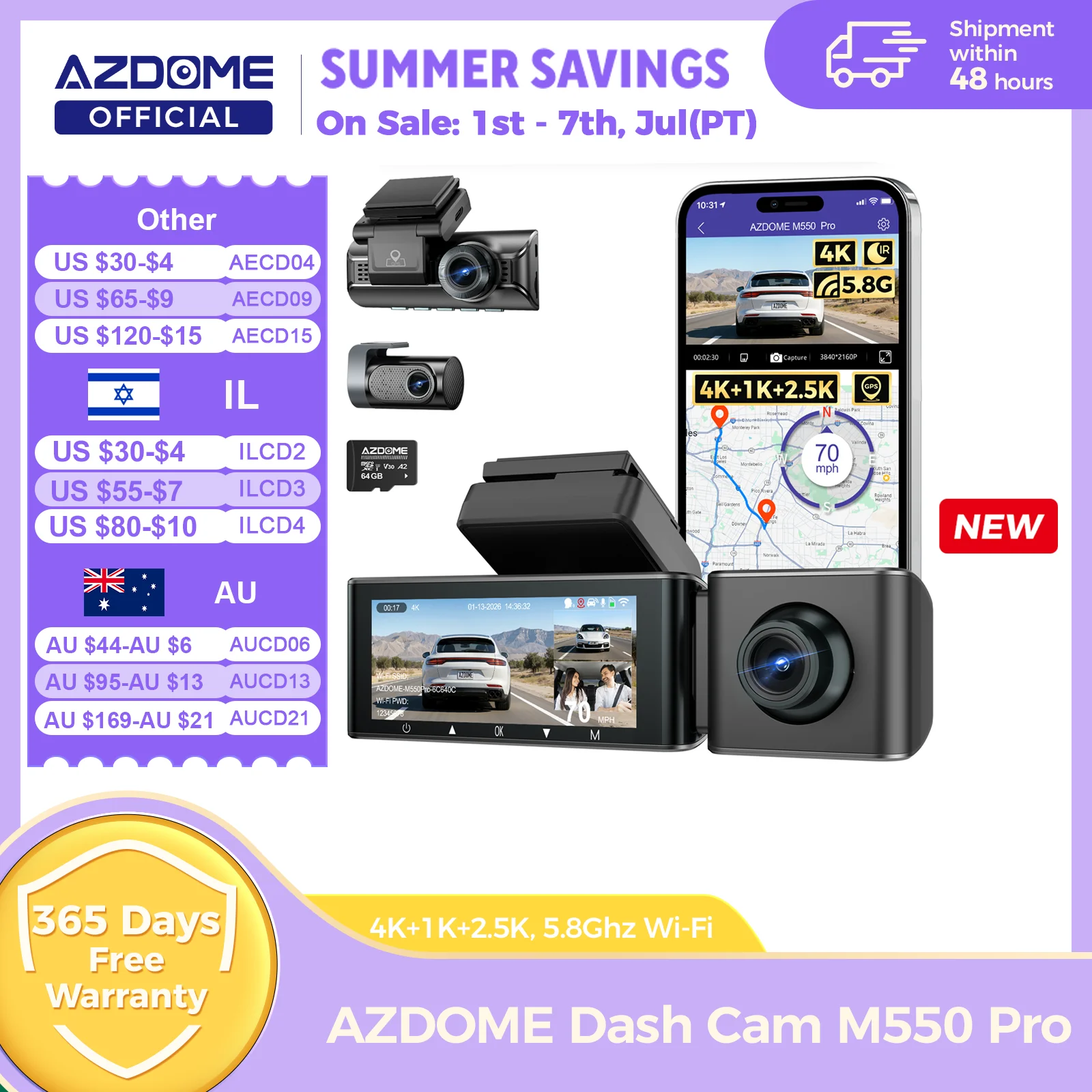 AZDOME M550 Pro Dash Cam coche DVR 5,8 Ghz WiFi 3,19 "IPS 2 o 3 canales cámara de salpicadero GPS visión nocturna Dual 4K + 1080P Monitor de estacionamiento