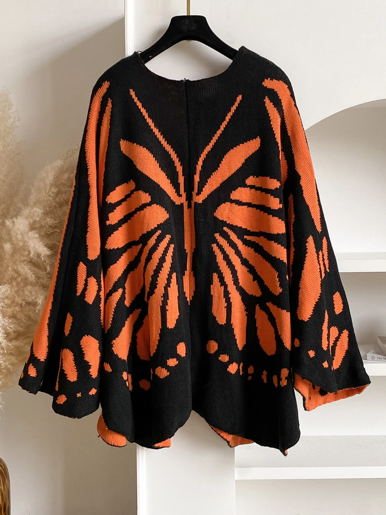 Women's Butterfly Wing Knit Poncho Cape Stylish Wool-Blend Open Front Shawl Loose Oversized Warm Wrap Coat for Autumn Winter