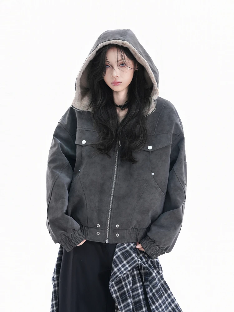 

Thiened Plu Hooded Cotton Jaet Men Women Winter Warm Leather Vest Jaet Cleanfit Sle Long Sve Zipper Closure Soli...