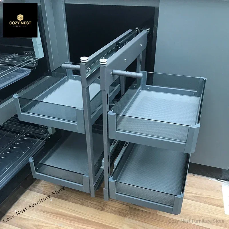 Cabinet corner pull basket all pull out little monster kitchen tempered glass seasoning basket dish basket drawer storage rack