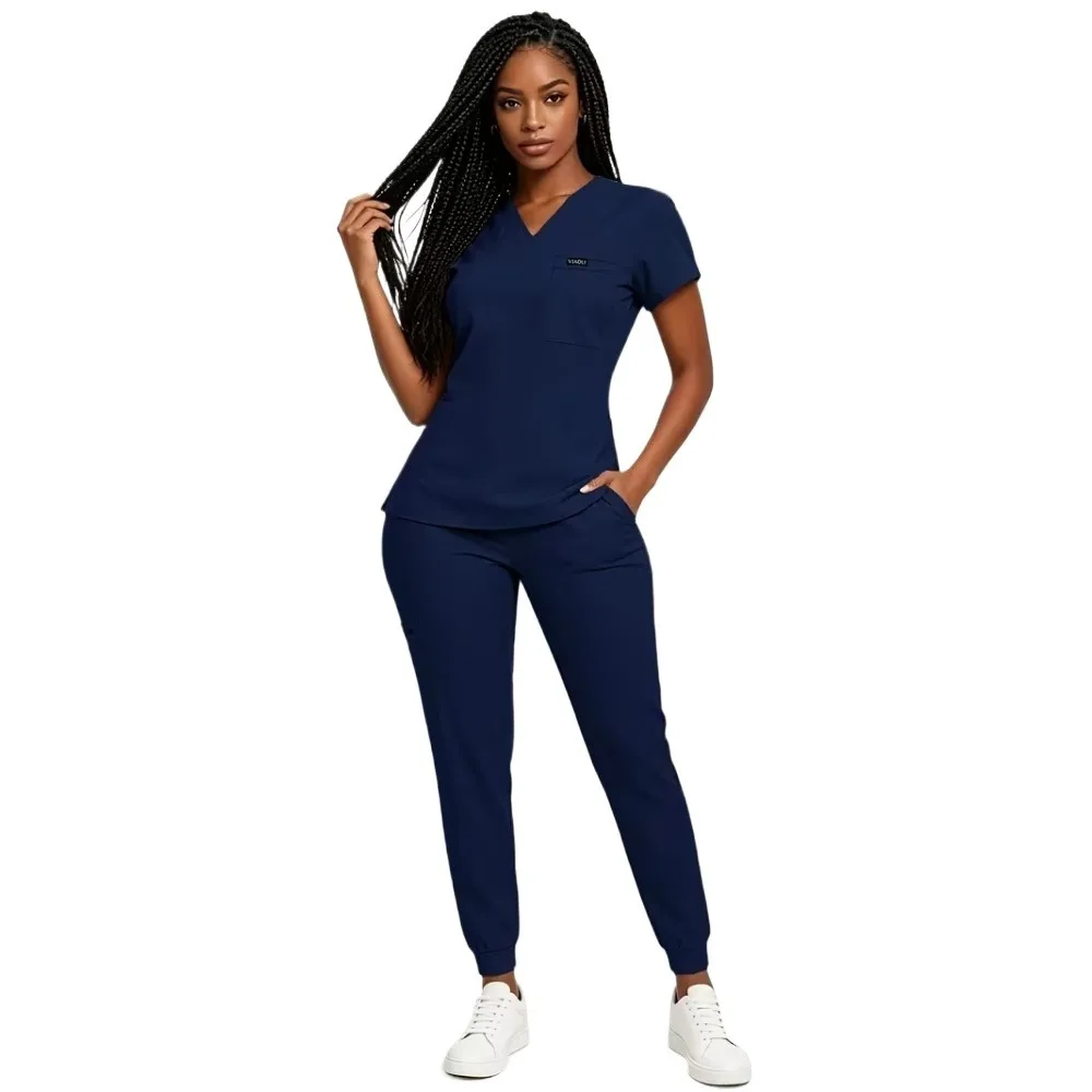 Woman Stretchy Work Uniform Set, Short Sleeve Top & Drawstring Jogger Pants, Multi Pocket Casual Work Outfit Suit for Daily Wear