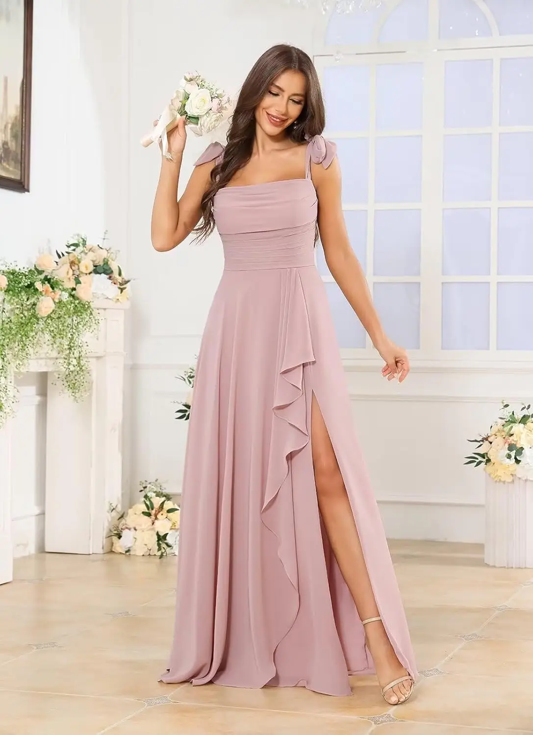 Elegant  for Wedding Party Prom Dresses Women's Chiffon Bridesmaid Dresses Long for Wedding Bow Straps Formal Dress with Slit