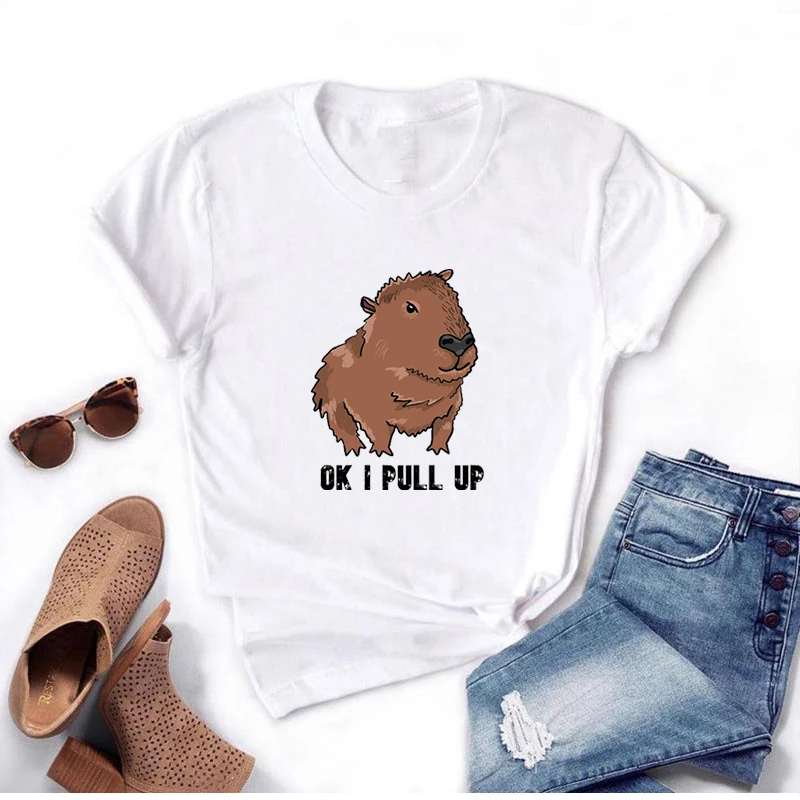 Ok I Pull Up Capybara Print Men T Shirt Hip Hop Streetwear Funny Graphic T-Shirt Unisex Cartoon Graphic Casual Short Sleeve Tees