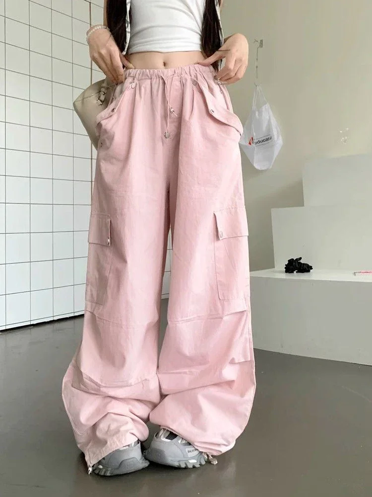 

Y2k Pink Cargo Pant Women Loose Hop High Waist Streetwear Trousers American Vintage Oversize Pockets Paratrooper Pants