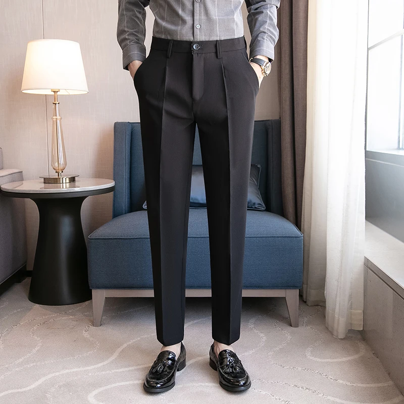 2023 New Mens Slim Fit Business Dress Pants for Men Suit Pants Ankle Length Men Summer Formal Suit Trousers Black White Gray