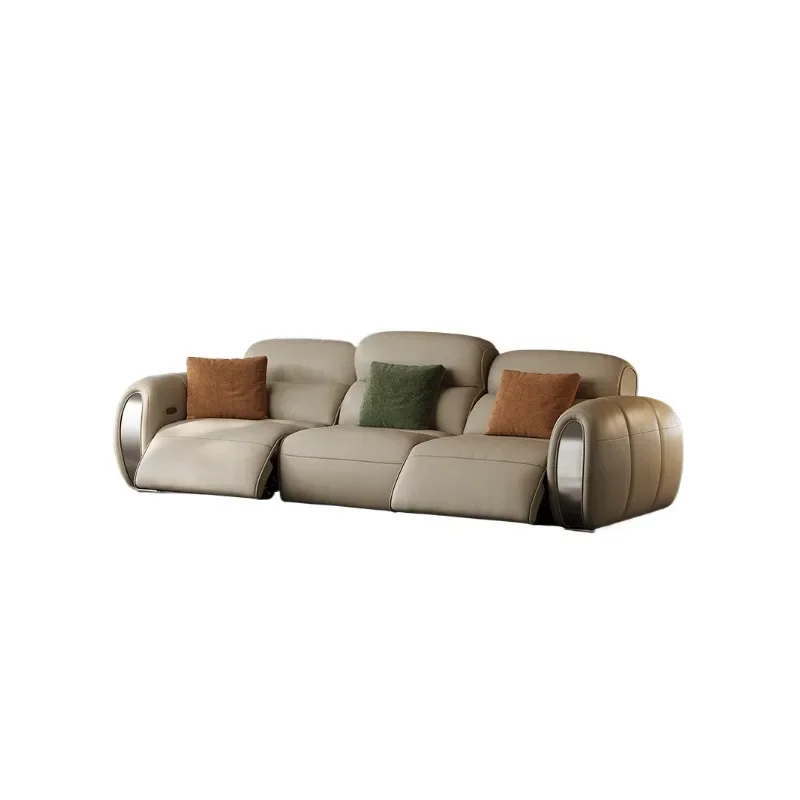 Cowhide sofa high-end reclining high-back villa living room Italian light luxury leather sofa
