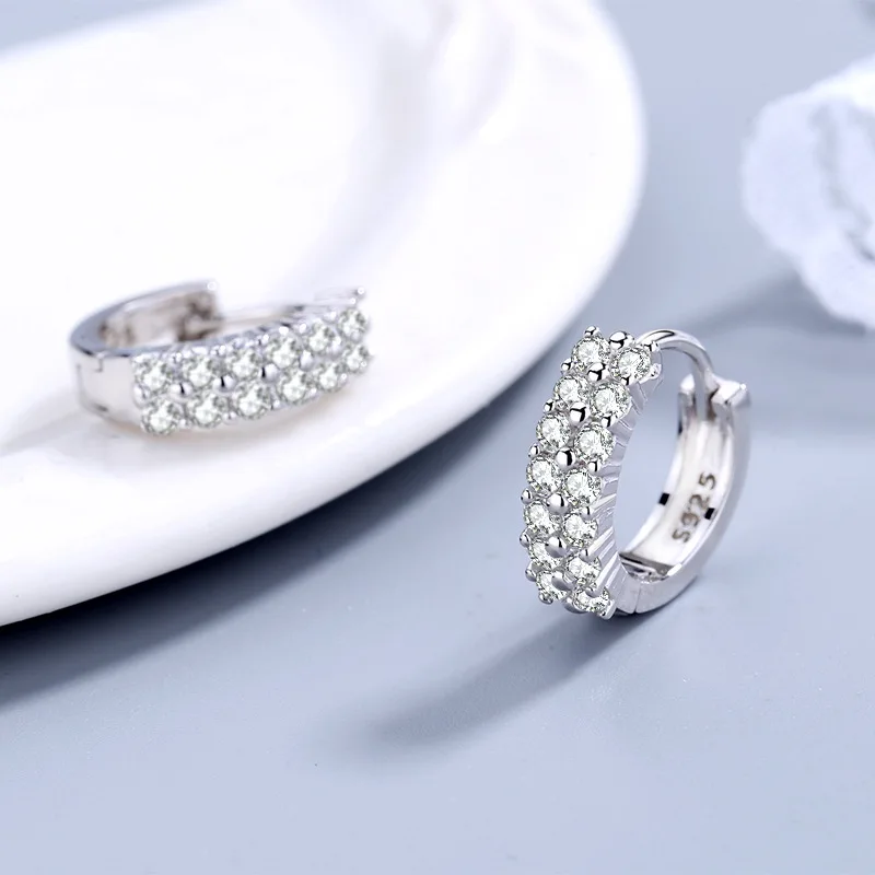 New 925 Sterling silver elegant Double row crystal Round Earrings Stud for women Fashion Wedding accessories Jewelry