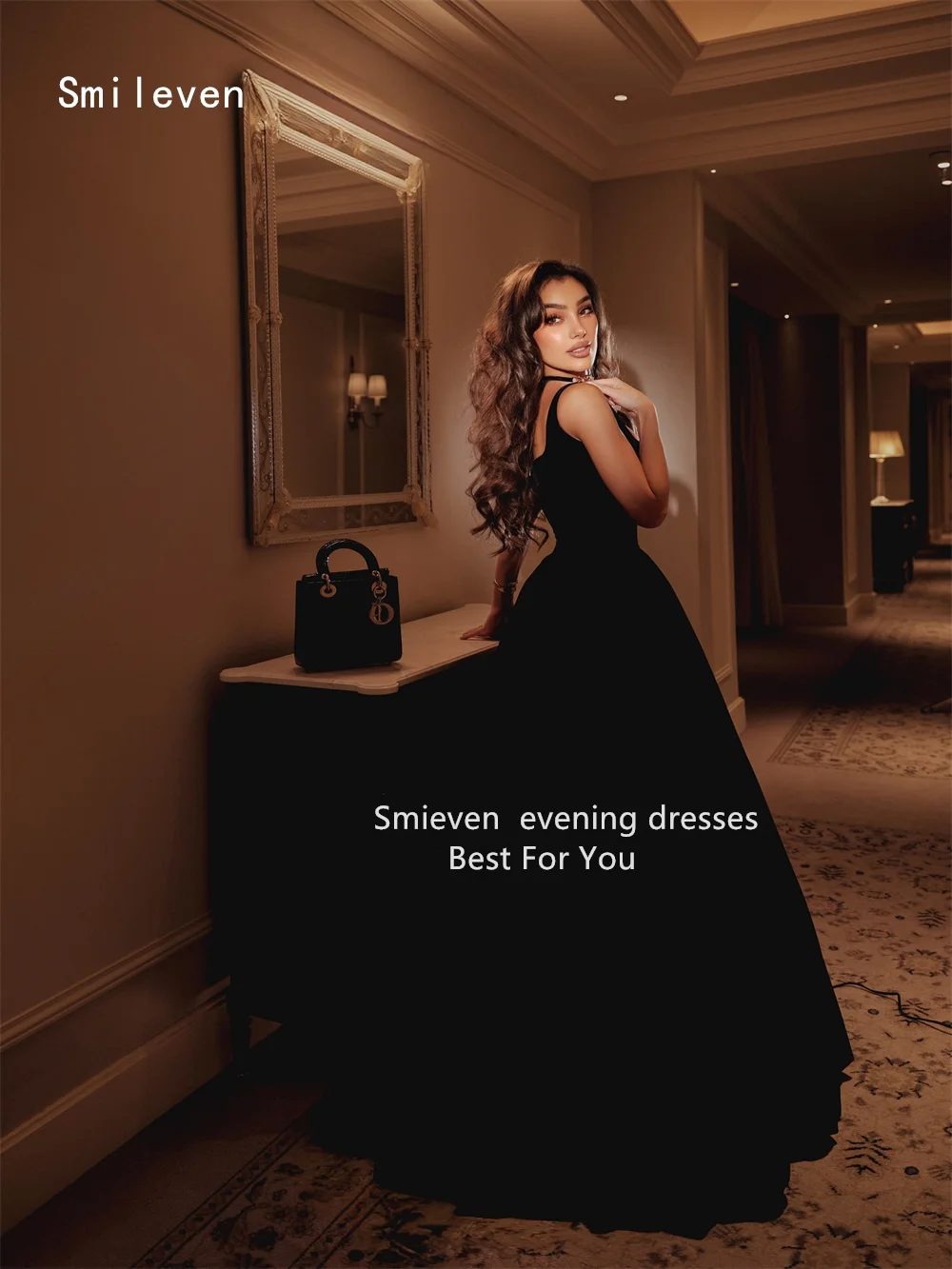 Smileven Luxe Zwart A-lijn Galajurk Vierkante Kraag Feestjurken Formele Gelegenheidsjurk Aangepast 2026