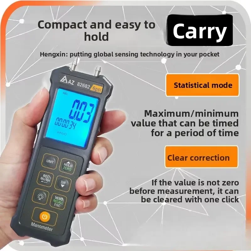 for AZ82682 portable digital differential pressure meter high precision electronic manometer with dual sensor LCD display
