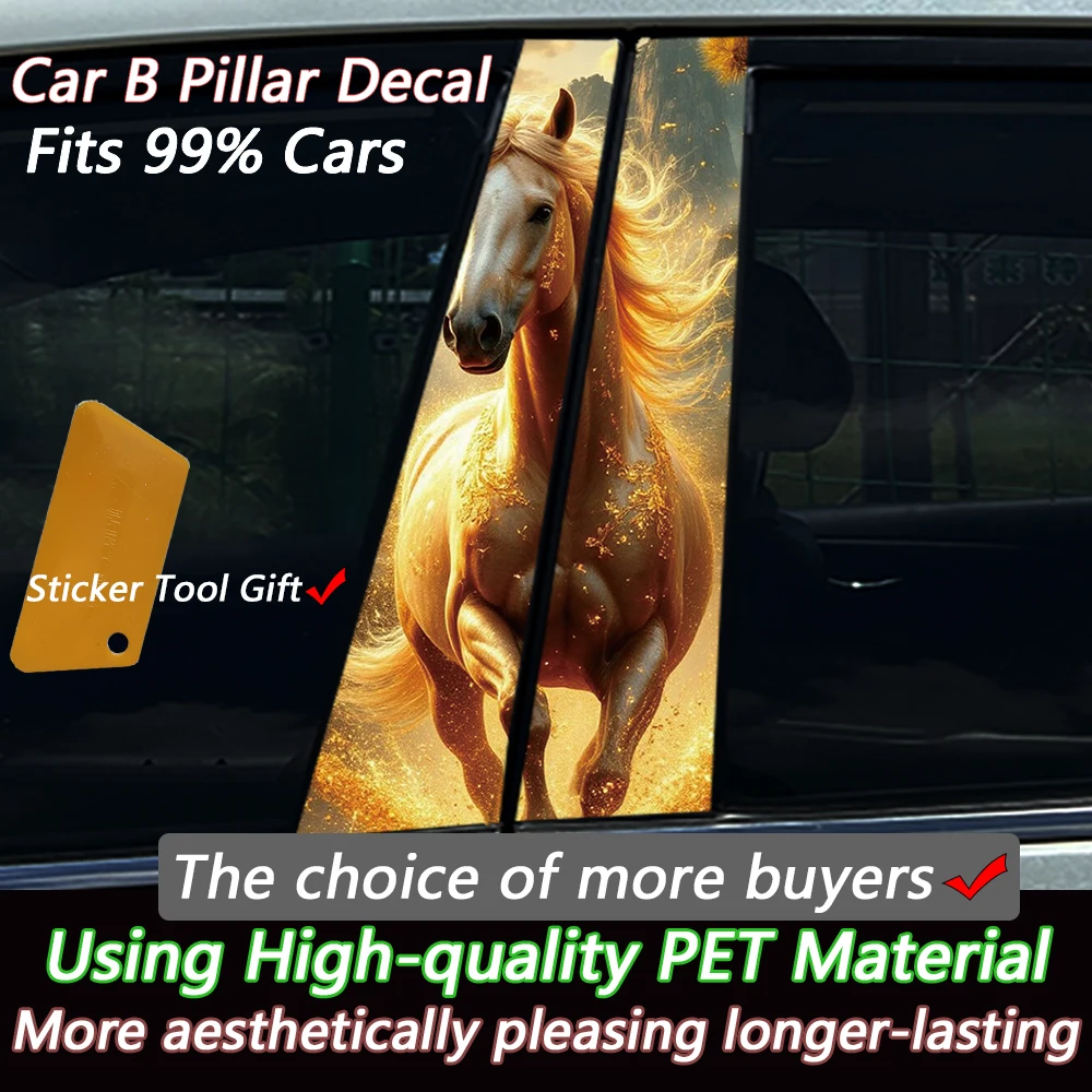 2PCS Golden Sparkle Horse Print Car B Pillar Sticker Waterproof Vinyl Decal Auto Middle Column Decoration