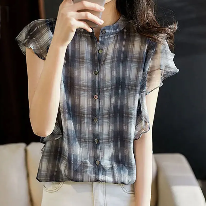 Office Lady Stylish Plaid Blouse Elegant Casual Ruffles Patchwork Summer New O-Neck Female Clothing Korean Single-breasted Shirt