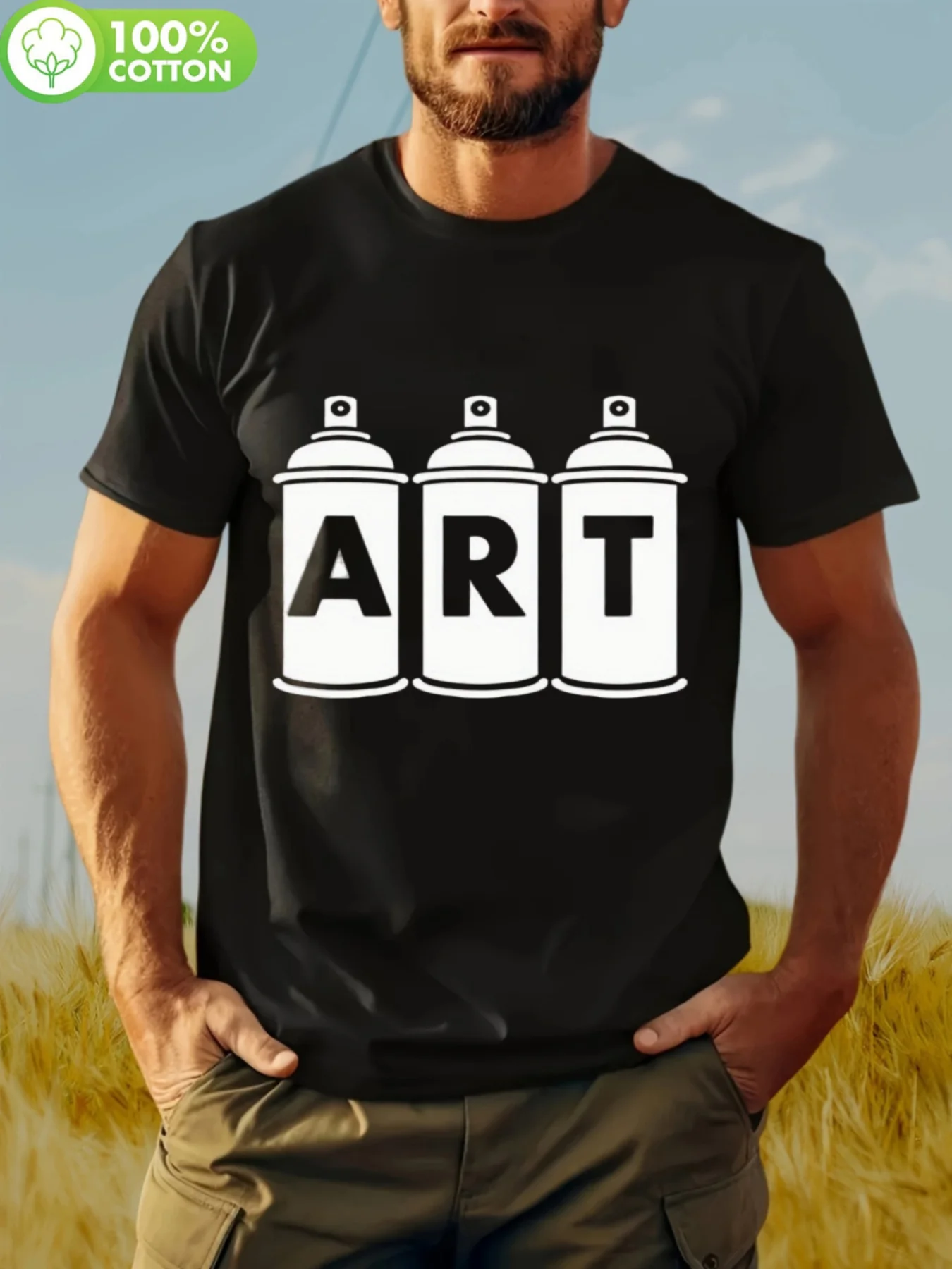 Men's Plus Size Casual Crew Neck T-Shirt, Cotton Loose Fit With Graffiti Spray Can Print, Large Size, All-Season Comfort For Hik