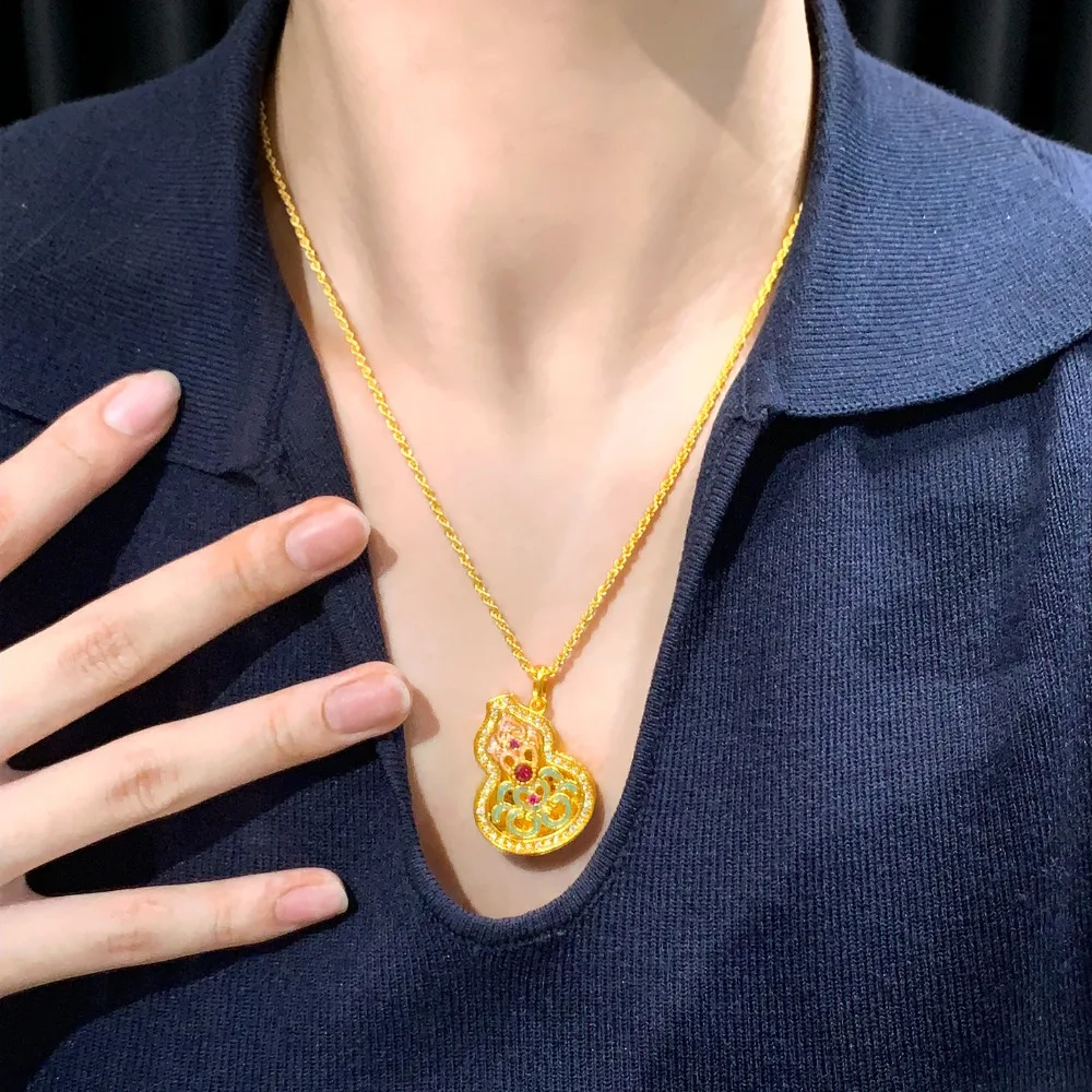 Hollow point diamond enamel color red treasure gourd necklace national style all take Fu Lu 9999gold