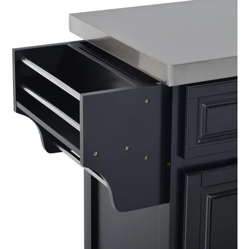 Rolling Kitchen Island with Storage, with Stainless Steel Top, 2 Drawers, Spice, Knife and Towel Rack and Cabinets, Black