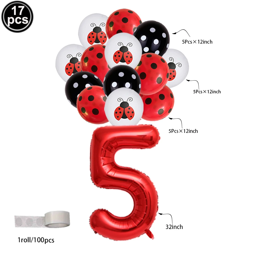 17Pcs Red Large 32inch Numbers Balloons Ladybug Pattern Red Black Polka Dots Latex Balloons for Ladybug Party Birthday Decortion