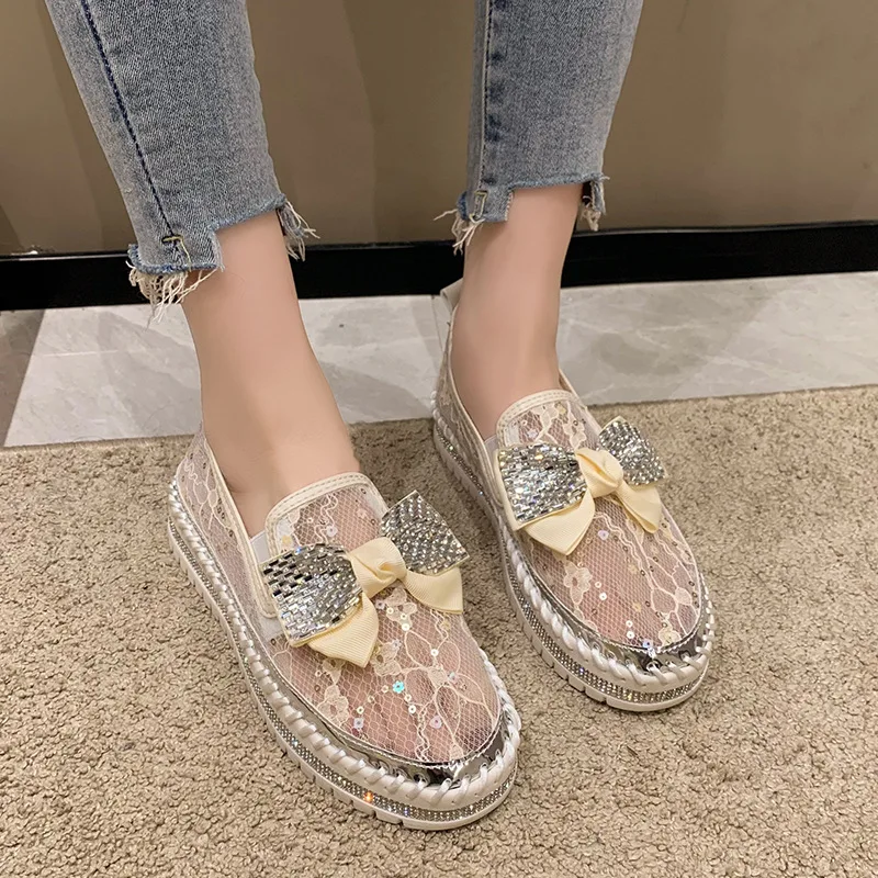 Women\'s Sandals 2024 Summer New Chunky Bottom Soft Hollo Out Mesh Flat Shoes Rhinestone Bow Breathable Sneakers Zapatillas Mujer