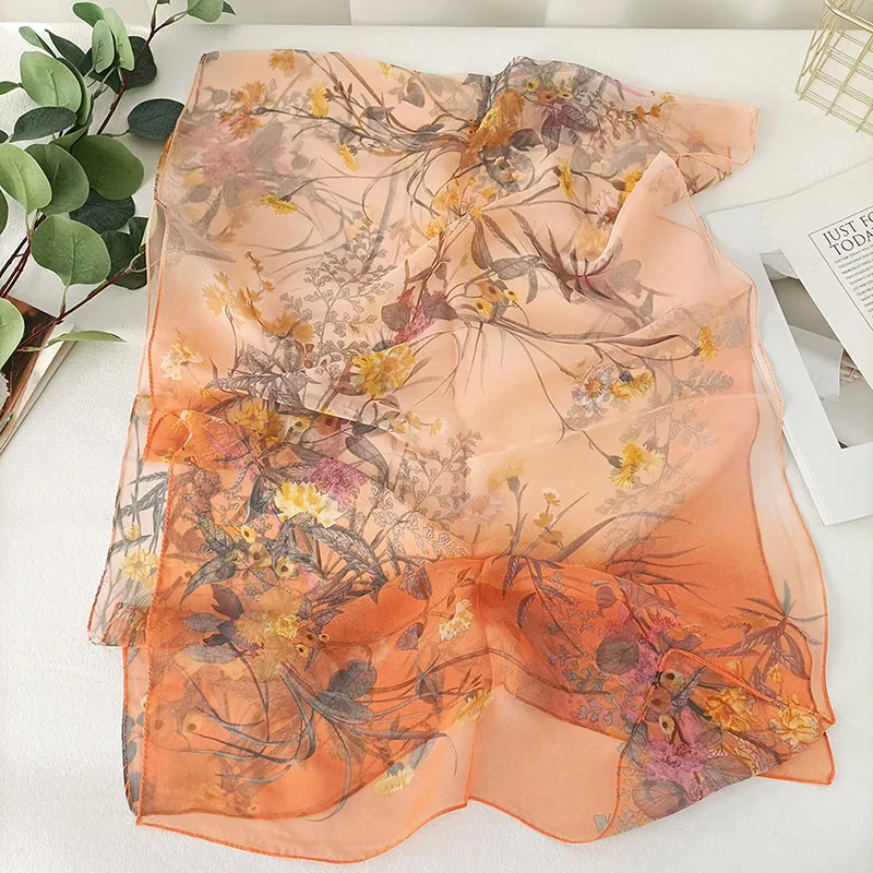 Women Elegant fashions Chiffon Georgette Bandana Scarf Flower Plants Prints Summer Beach Sunscreen Breathable Hijab Silk Scarves