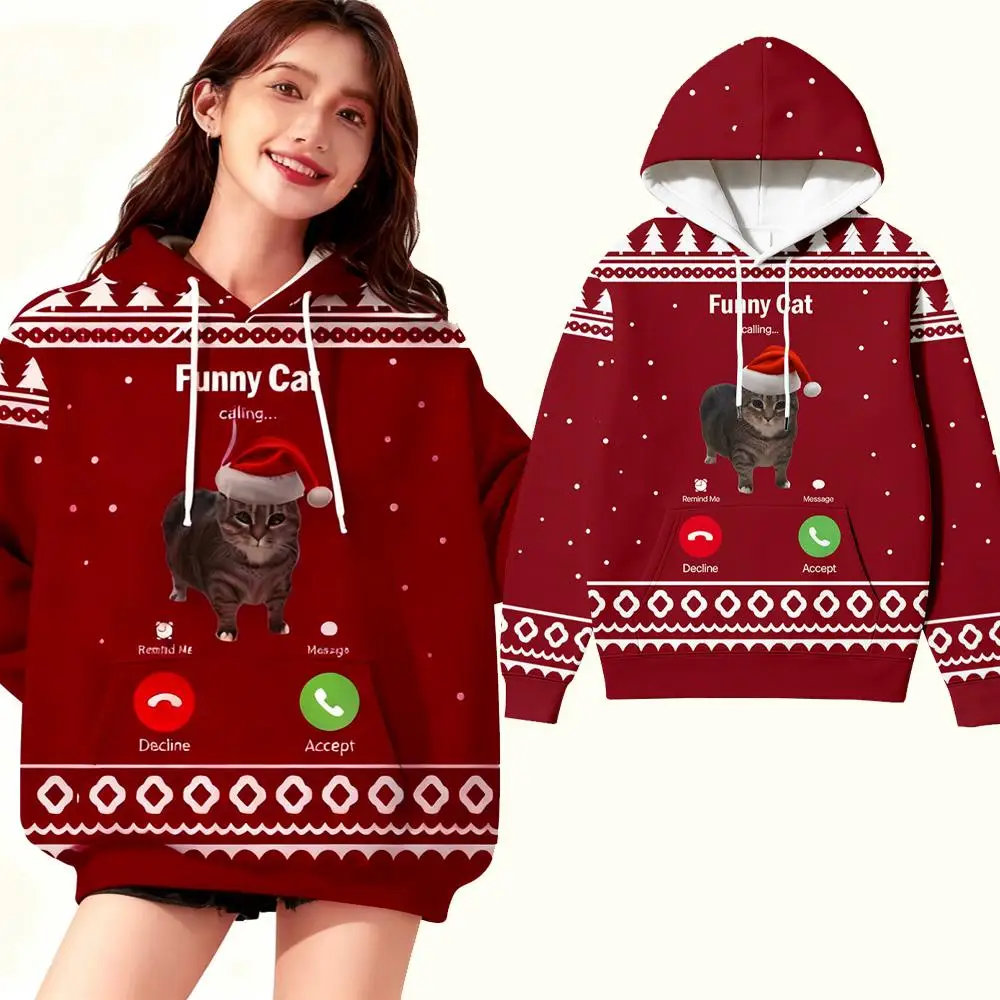 

2025 Christmas Funny Cat 3D Printed Hoodie Autumn And Winter Casual Pullover For Men And Women Loose Fashion Holiday Gift