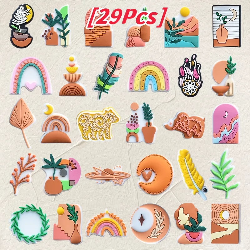 

29Pcs Bohemian Style Elephant Flower Leaf Moon Rainbow Bear Woman Cactus PVC Shoe Charms For Clogs Pins Hole Slipper Decoration