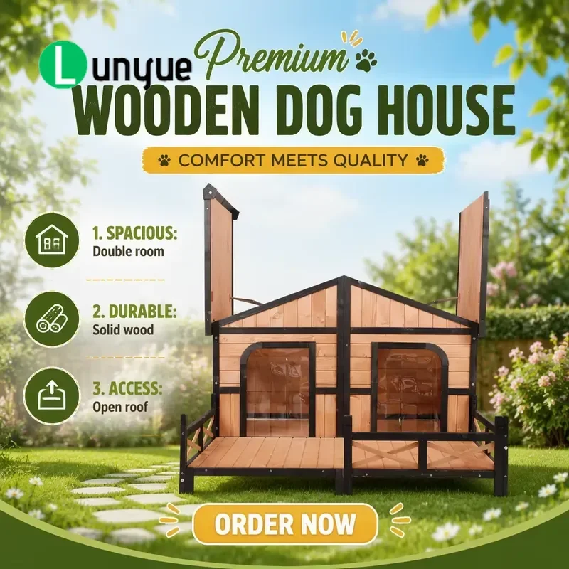 Natural Wooden Outdoor Dog House Weatherproof Kennel with Porch Openable Roof Raised Floor Double Room for Pets Garden Yard
