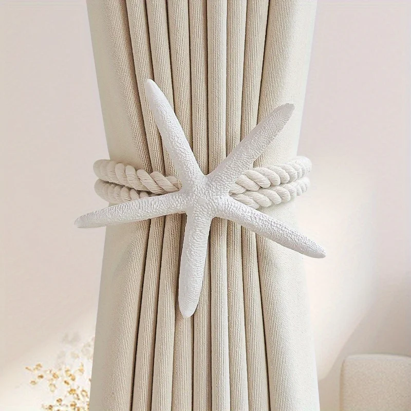 2PCS 천연 불가사리 커튼 타이 백, 손으로 짠 코튼 린넨 로프, Boho 홈 장식을위한 조정 가능한 창 커튼 홀더