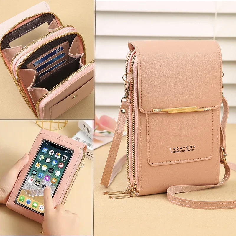 Mini Crossbody Bag for Women\'s Key Credit Card Mobile Phone Storage Bag with Touchable Film Cute Solid Color PU Multiple Pockets