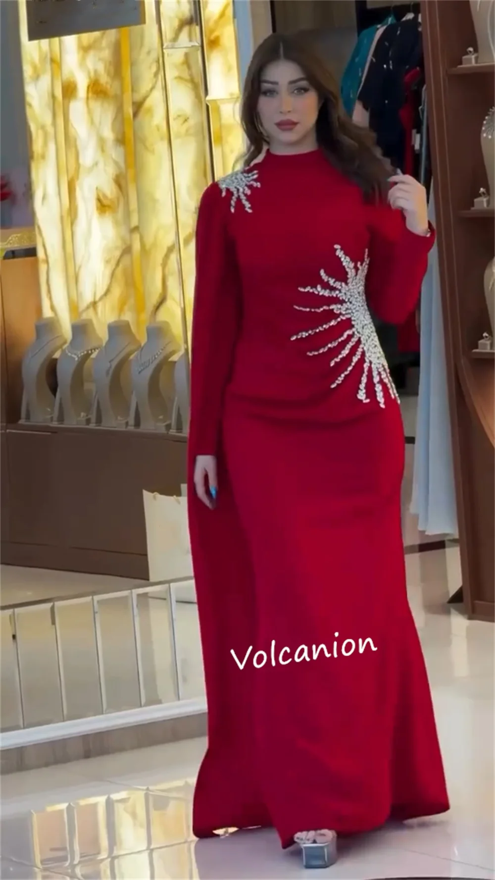 カスタマイズされたジャージ ラインストーン プリーツ ハイカラー A ライン ロング ドレス オーダーメイド オケージョン クラシック レトロ フォーマル