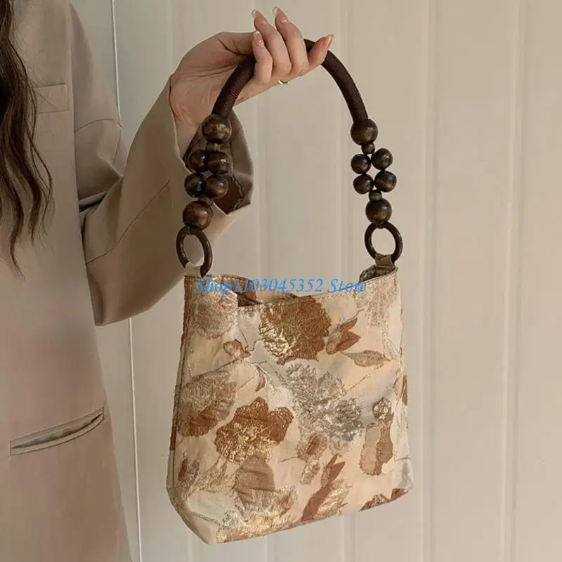 A3PE Print Print Flower Leace for Women Counter Bag Bag Discal Discual مع حبات الخشب مقبض دلو محفظة دلو