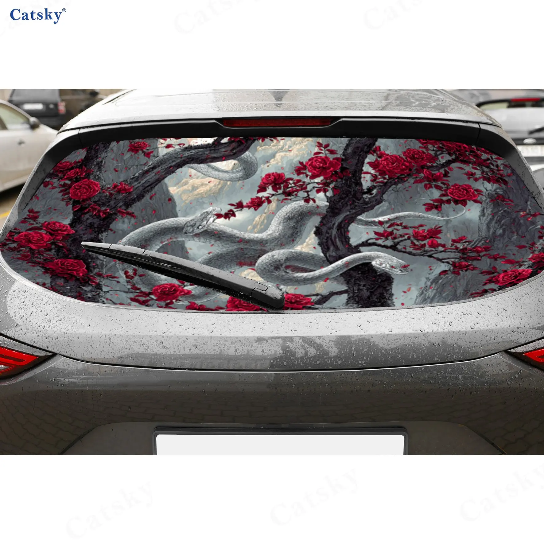 

White Snake & Red Rose PVC Perforated Car Rear Window Vinyl Wraps, Durable Waterproof Car Rear Windshield Sticker