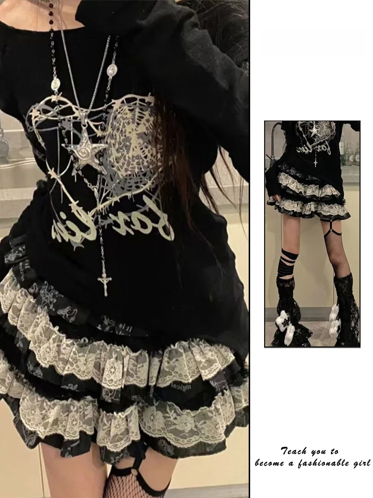 

Y2K Millennium Punk Girl Lace Trim Cake Skirt Women's Summer Sweet Cool f-length ort Skirt High Waist A-Line Midi Skirt
