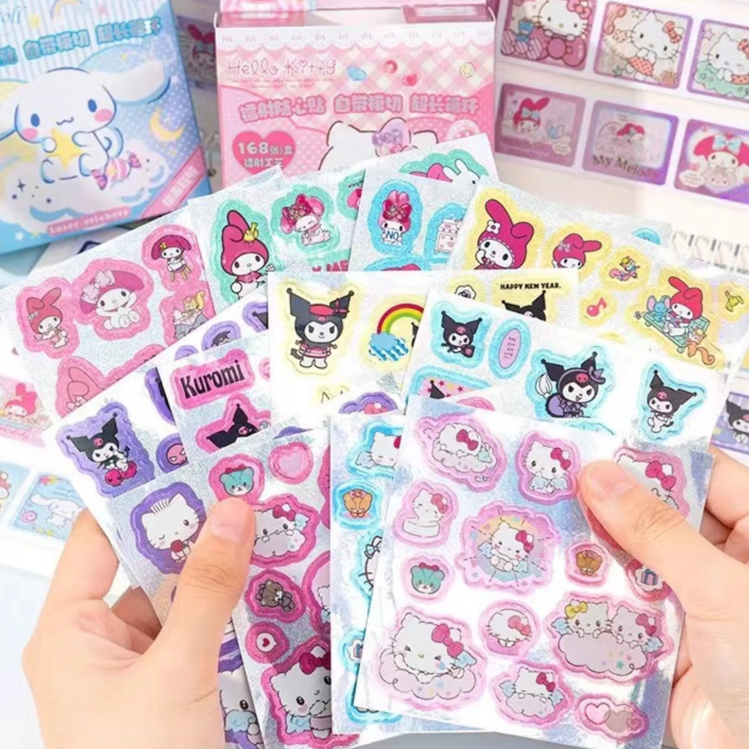 200Pcs/Box Sanrio Cartoon Pull Out Stickers Hello Kitty Kuromi Melody Cinnamoroll Sticker Girl Boy Teacher Reward Toys Gift