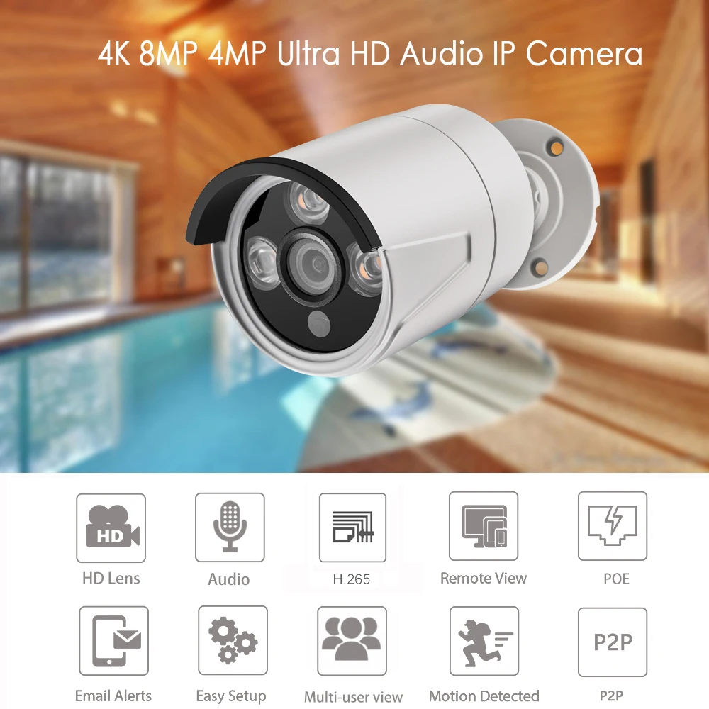 Wide angle motion detection IP camera sound outdoor waterproof ultra clear warhead CCTV array IR 4MP POE video monitoring