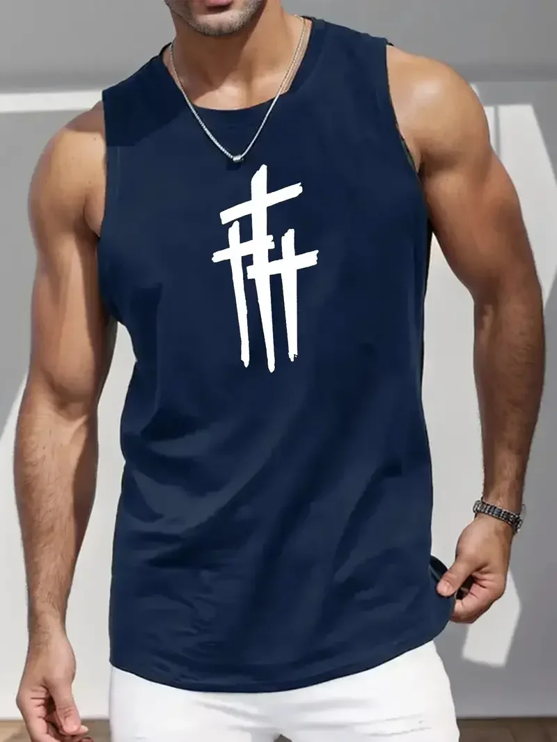 Summer Simple Letter Print Men's Round Neck Tank Top Gym Fitness Training Sports Vest Plus Size Man Sleeveless Shirt Casual Tees image 3