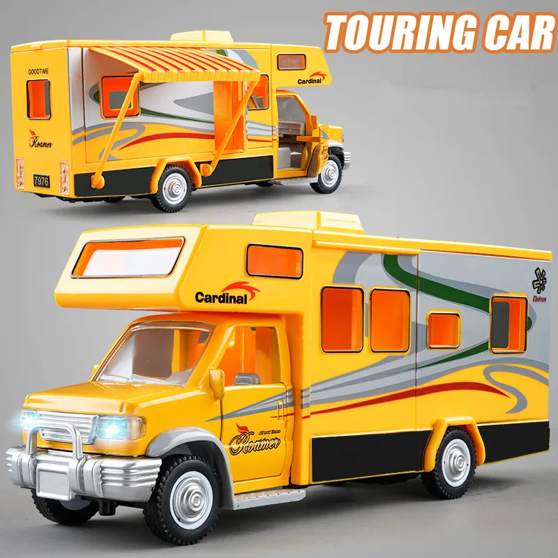 1:28 Diecast Luxury RV Recreational Vehicle Car Model Metal Camper Van Motorhome Touring Car Model Sound and Light Kids Toy Gift