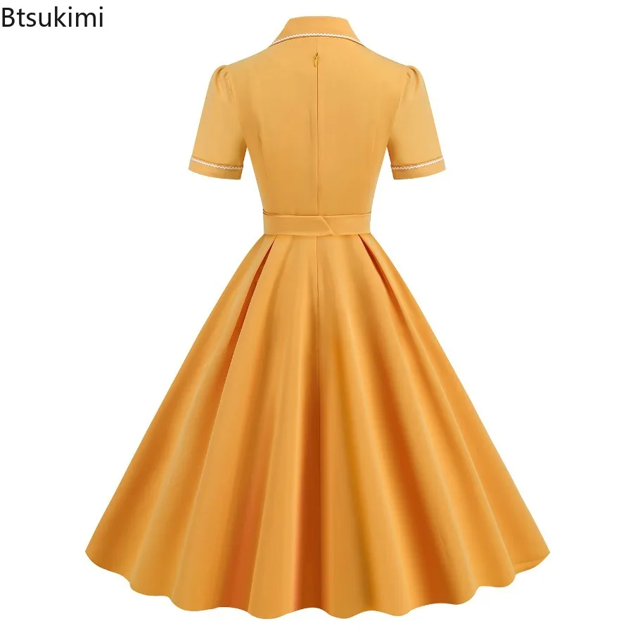 2025年新作 レディース ヴィンテージ ノッチカラー ポケット 無地 ロングワンピース カジュアル 夏 ボタンアップ エレガント スイングドレス