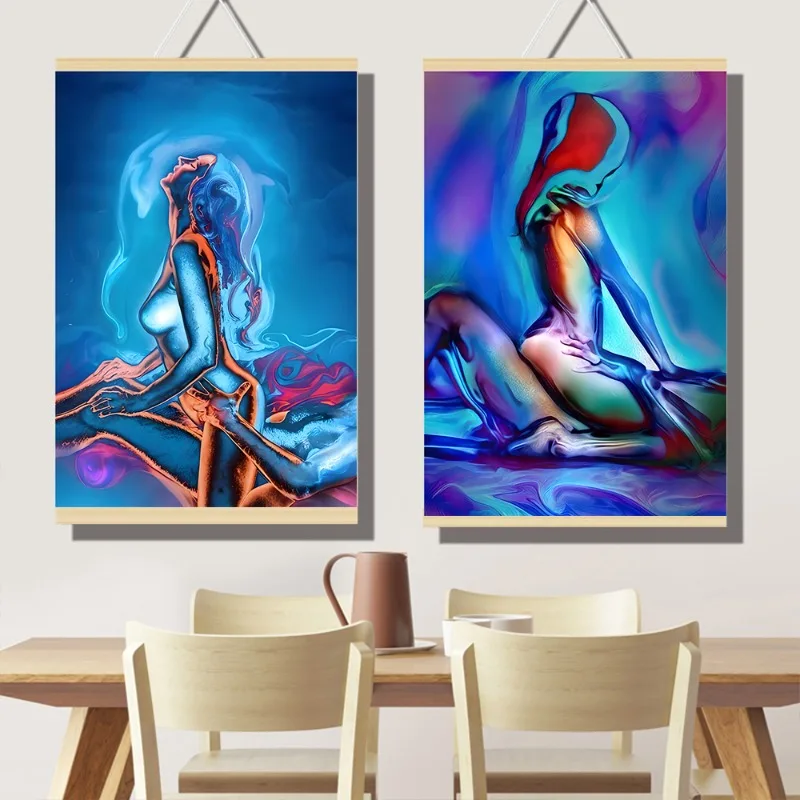 Modern Minimalist Body Art Soild Wood Scroll Hanging Canvas Painting Poster Creative Bedside Living Room Bedroom Wall Decor