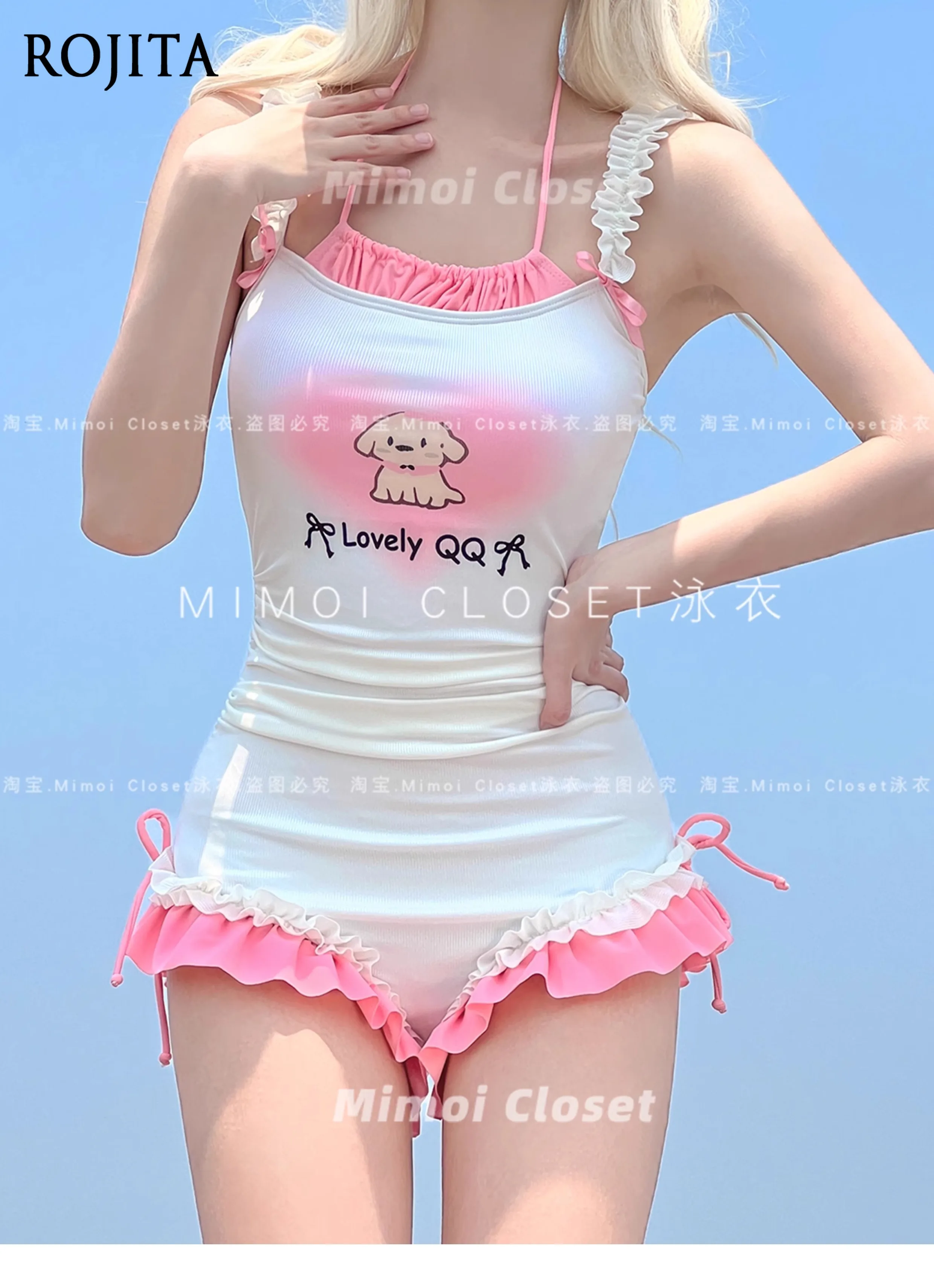 Summer New Blue and White Color Matching Sweet Girl Cute Japanese Suspender Swimsuit One-piece Swimsuit Women's Bathing Suit