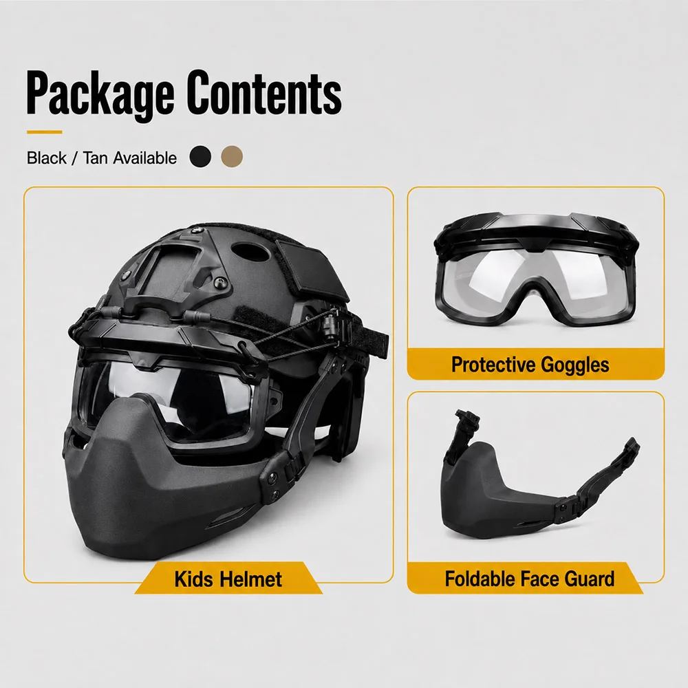 Kids Tactical Helmet Set with Clear Goggles Face Mask Adjustable Lightweight FAST Helmet Kit for CS Wargame Cosplay Role Play