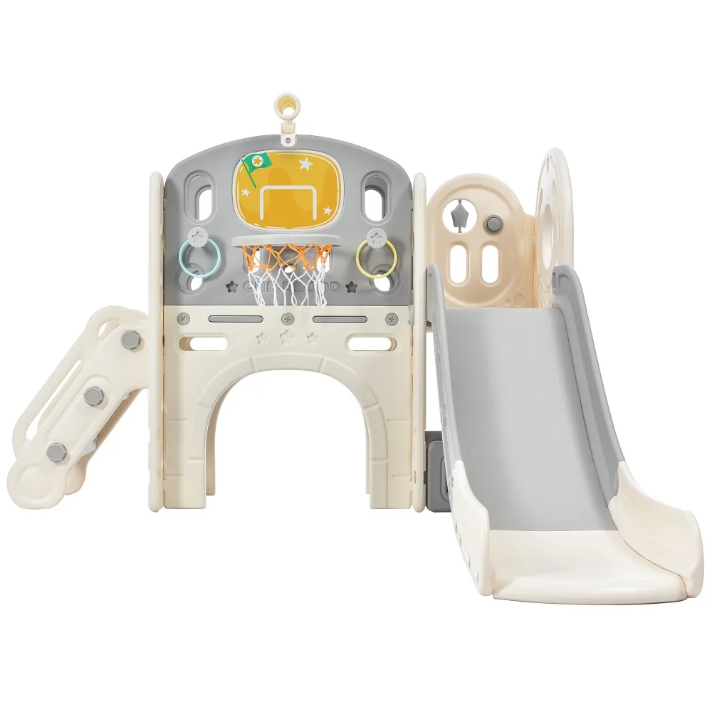 

Kids Slide Playset Structure Castle Climbing Crawling Playhouse withArch Tunnel Ring Toss and Basketball Hoop 3Color Slide