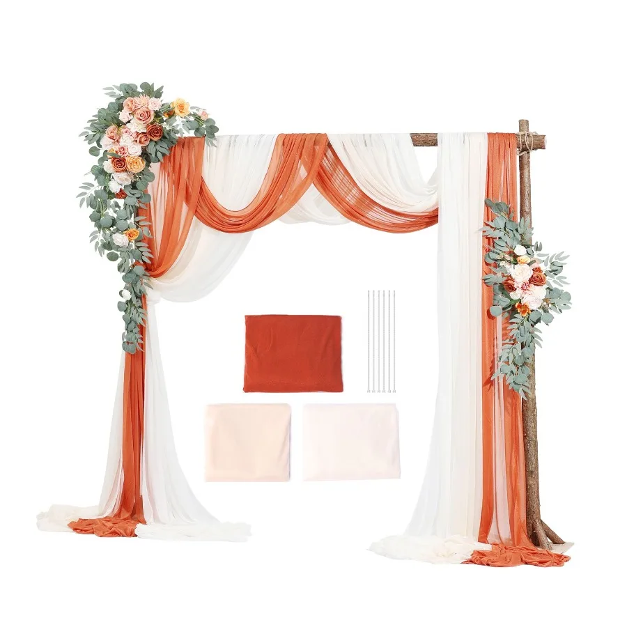 

Wedding ceremony backdrop decoration kit: artificial orange flowers and sheer drapes, polyester fabric, vibrant orange, include