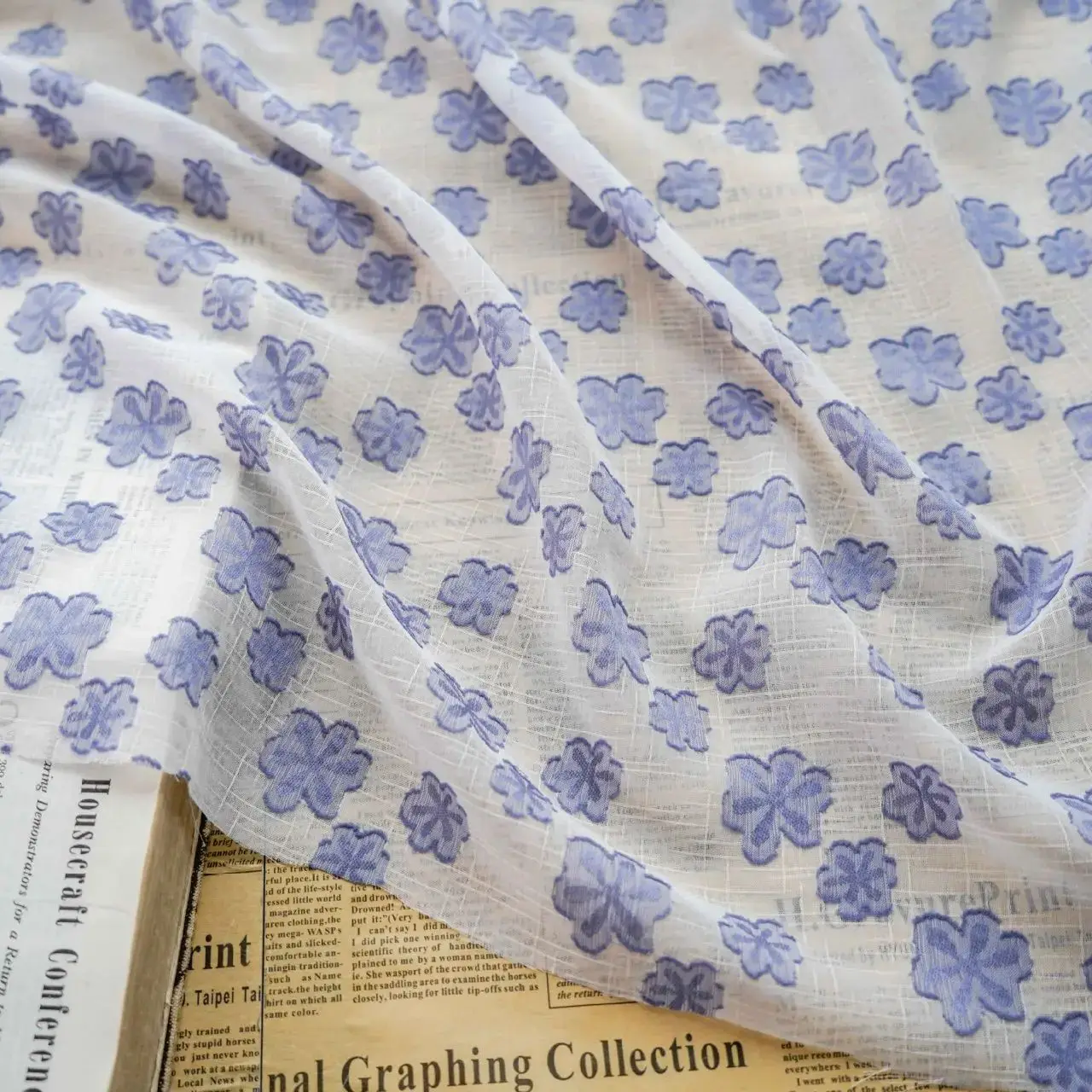 

Light purple small flowers on semi-sheer fabric for women's dresses, curtains, tablecloths, elegant decor fabric for sewing