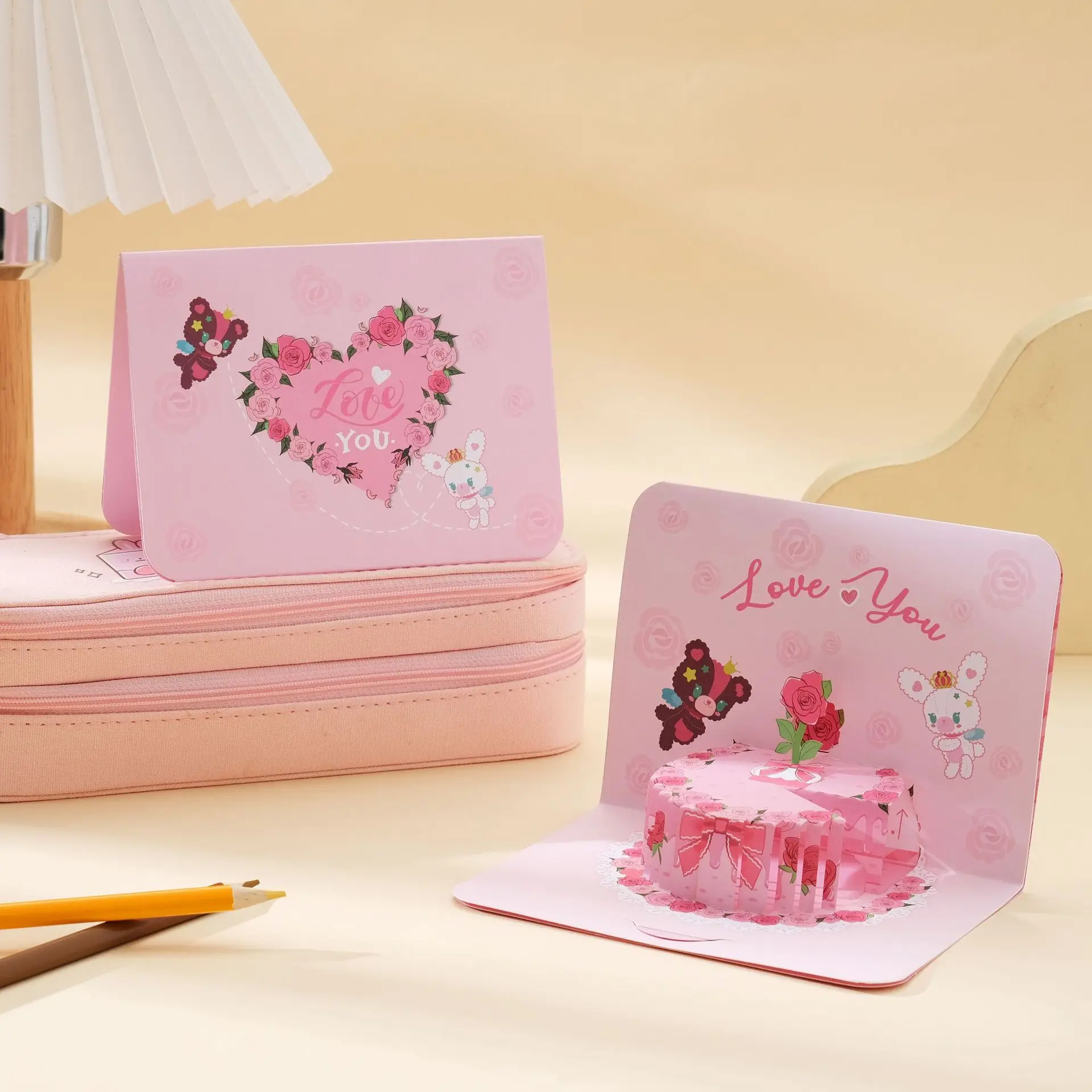 

1/4Pcs 3D Creative kawaii Kitten Cake Birthday Greeting Card Pop-Up Gift Card Flower Shop Valentine's Day Small Card