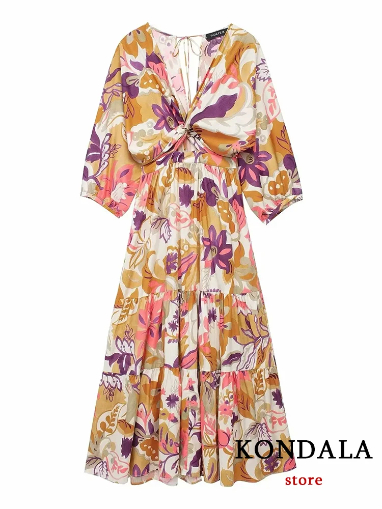 TRAFZA Vintage Flower Print Long Dress Women V Neck Short Sleeve Hollow Out Sexy Beach Dress Fashion 2024 Summer Holiday Dress