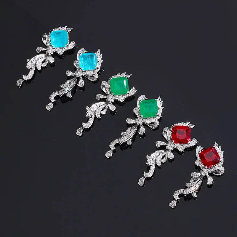 Square Emerald Paraiba Crystal Earrings Vintage Inspired Charms Tassels Dress Accessories for Women Jewelry Ribbon Shape Gift