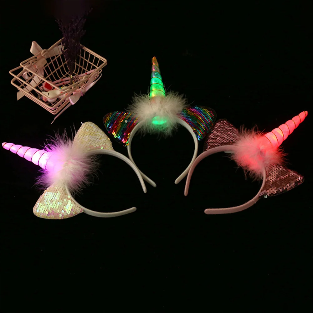 Headband do tema do unicórnio com luz LED para crianças Headwear dos desenhos animados para meninas, acessórios do cabelo, Headband do arco-íris, suprimentos da decoração do partido do aniversário